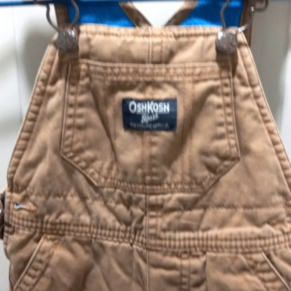 OshKosh Tan Overalls with blue flannel inside, Sz 12 mos
